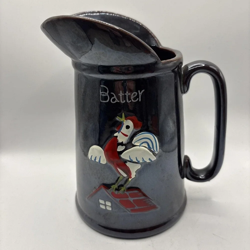 Vtg 50s Redware‎ Rooster Pottery Pancake Pitchers Batter Syrup Butter Japan